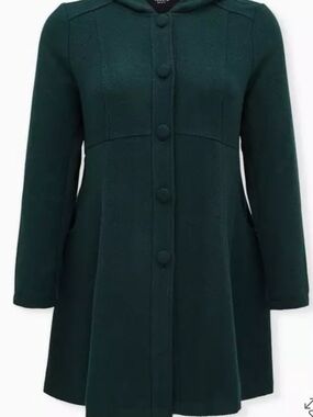 Torrid Dark Green Woolen Twill Fit & Flare Hooded Coat
